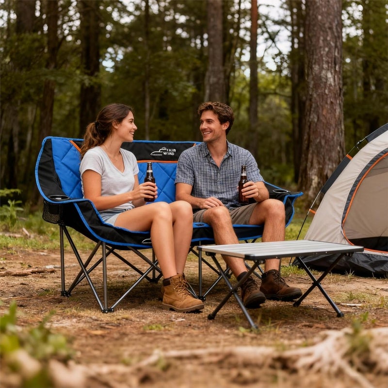 FAIR WIND Oversized Fully Padded Camping Chair Folding Loveseat Camping Couch Double Duo Chair Heavy Duty Quad Fold Arm Chair with Cup Hold - Supports 650 LBS Blue - Image 2